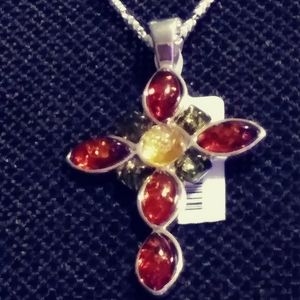 NWT-MULTI AMBER STERLING CROSS.1.5" LONG. ON 18-IN STERLING CHAIN, ALONE IS .179